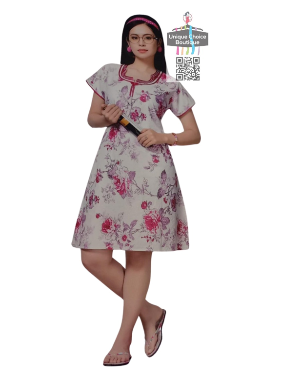 Cotton Printed Knee Length Short Nighty Nightdress for Women Half wh Unique Choice Boutique