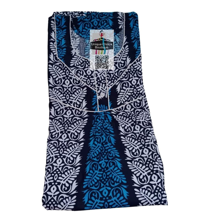 Comfortable Cotton Nighty Nightgown Batik Print Blue and White Free Size XXL Unique Choice Boutique