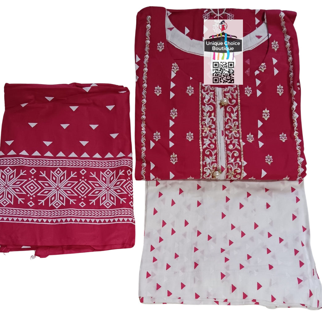 Stitched 3pc Suits - Lawn Suits Printed- Salwar Kameez Suits-Size 42, 44-pink and white