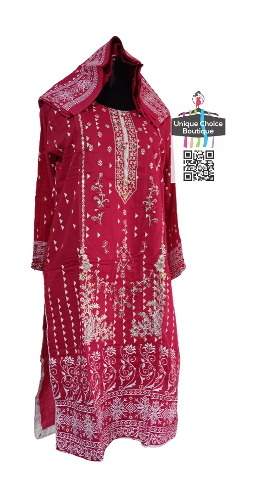 Stitched 3pc Suits - Lawn Suits Printed- Salwar Kameez Suits-Size 42, 44-pink and white