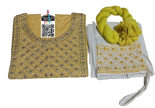 Stitched 3pc Salwar Suits for women | Salwar Kameez| Kurti Pant and Dupatta set| XXL Size(44) Yellow and White Printed