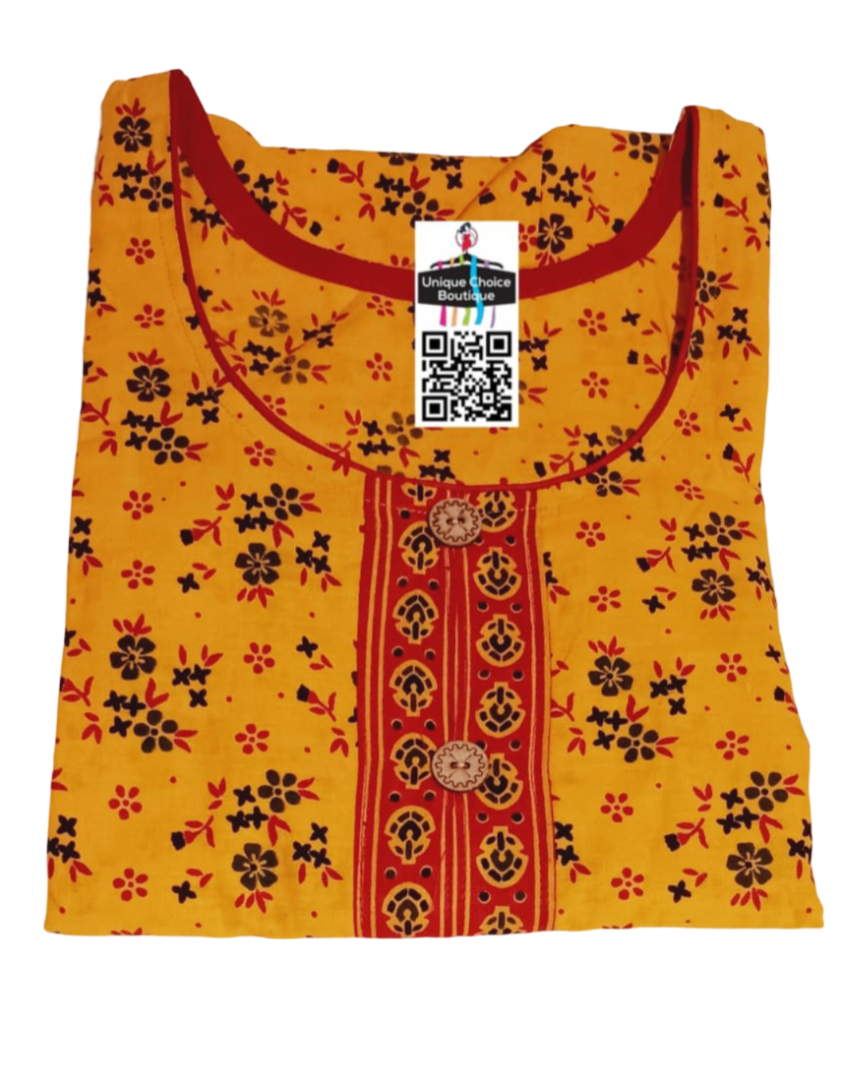 Jaipur Pure Cotton Hand Block Printed Kurti-3XL Size(46)-Yellow