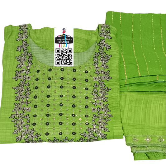 Stitched 3pc salwar Suits-Salwar Kameez Suits-Kurti Pant and Dupatta set-Size 44- XXL-Green