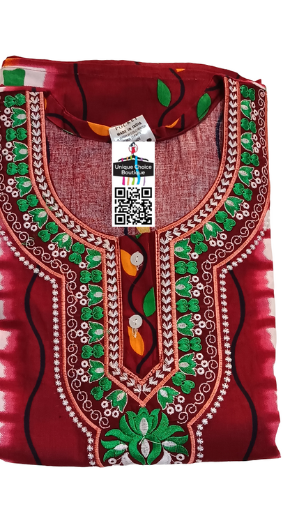 UNIQUE CHOICE Cotton Batik Nighty, Cotton Nightgown,Embroidery Neck-Maroon Red-Free Size