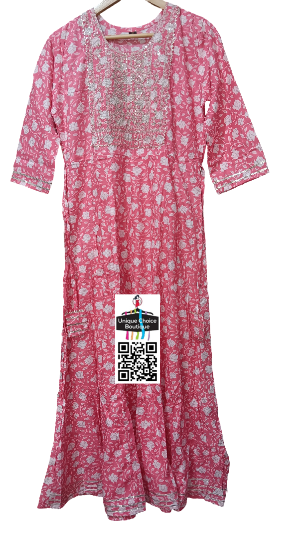 Anarkali Kurti/ Umbrella Kurti/ Long Kurti-Pink Floral