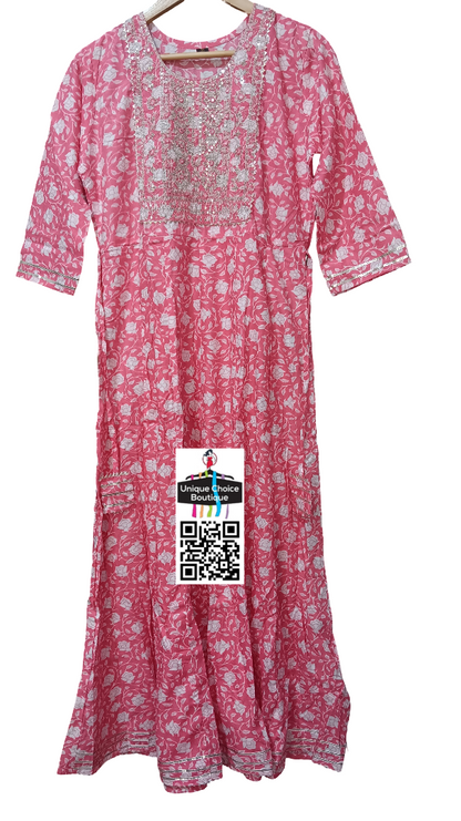 Umbrella Kurti/ Flared A-Line Gown-Pink Floral