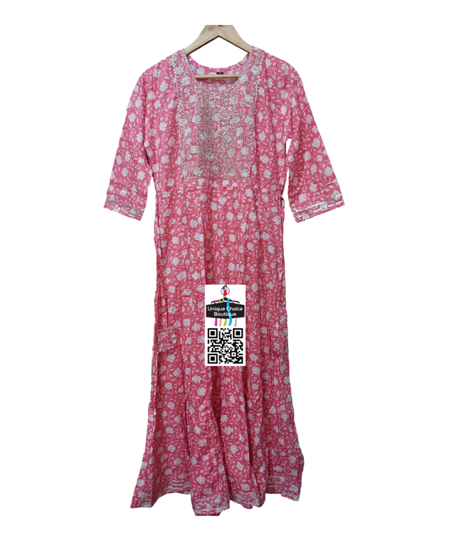 Anarkali Kurti/ Umbrella Kurti/ Long Kurti-Pink Floral