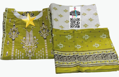 Stitched 3pc Suits - Lawn Suits Printed- Salwar Kameez Suits-Size 42-green and white