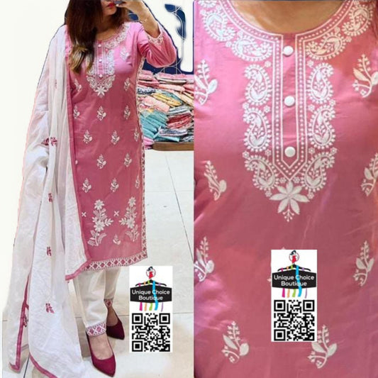 Cotton Lucknowi Chikankari 3pc Salwar Suit, Kurti Pant and Dupatta set, Pink and White, 3XL Size (46)