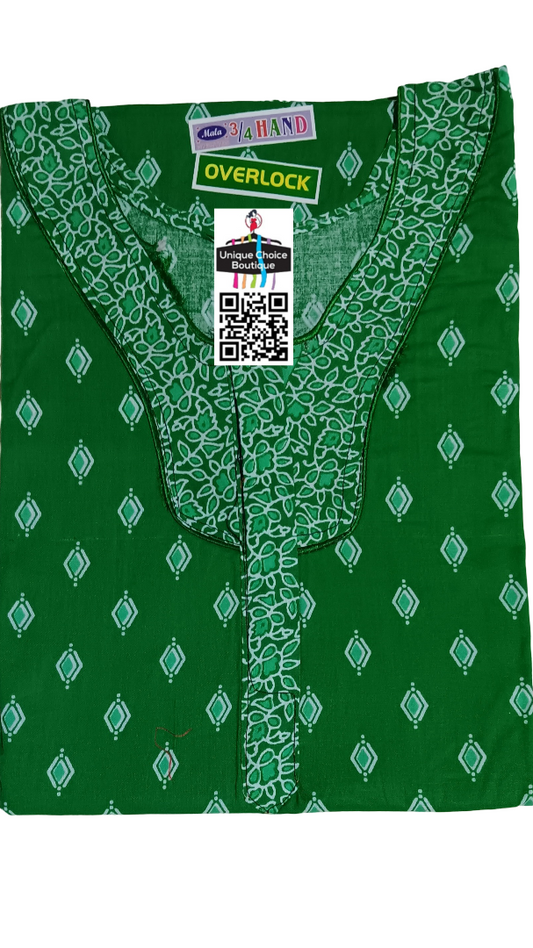 UNIQUE CHOICE 3/4 th Long Sleeves Cotton Nighty, Nightgown-Green and White Print-XXL/ Free Size, Zip Nighty