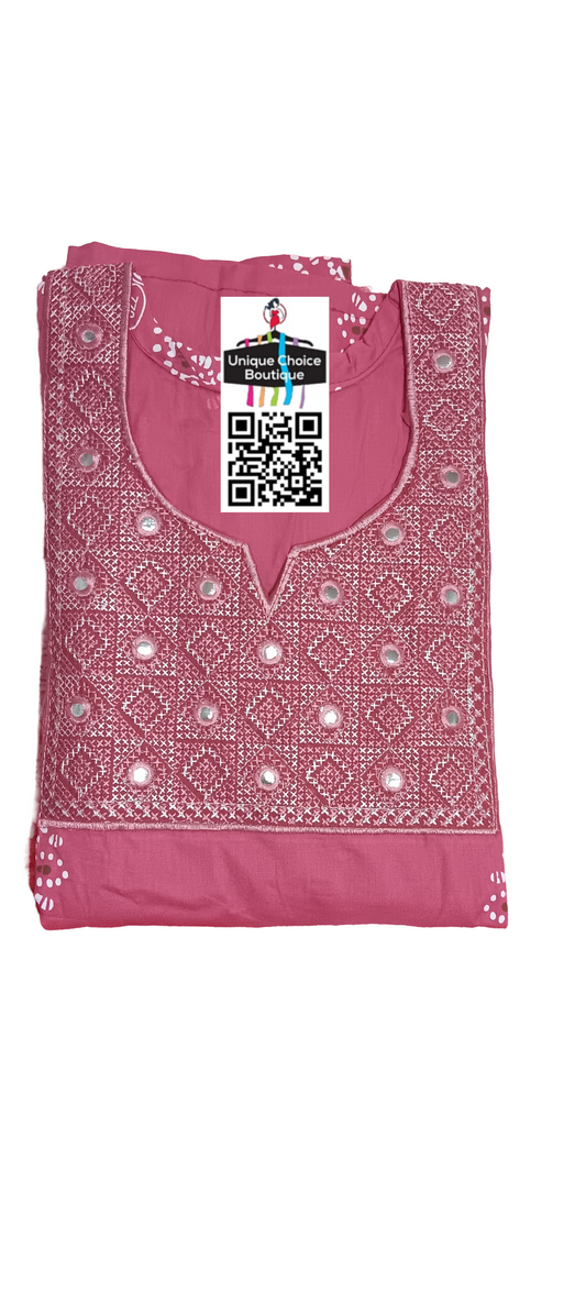 Pink Batik Pure Cotton Nighty with Mirror work and Embroidery, No Zip Nighty