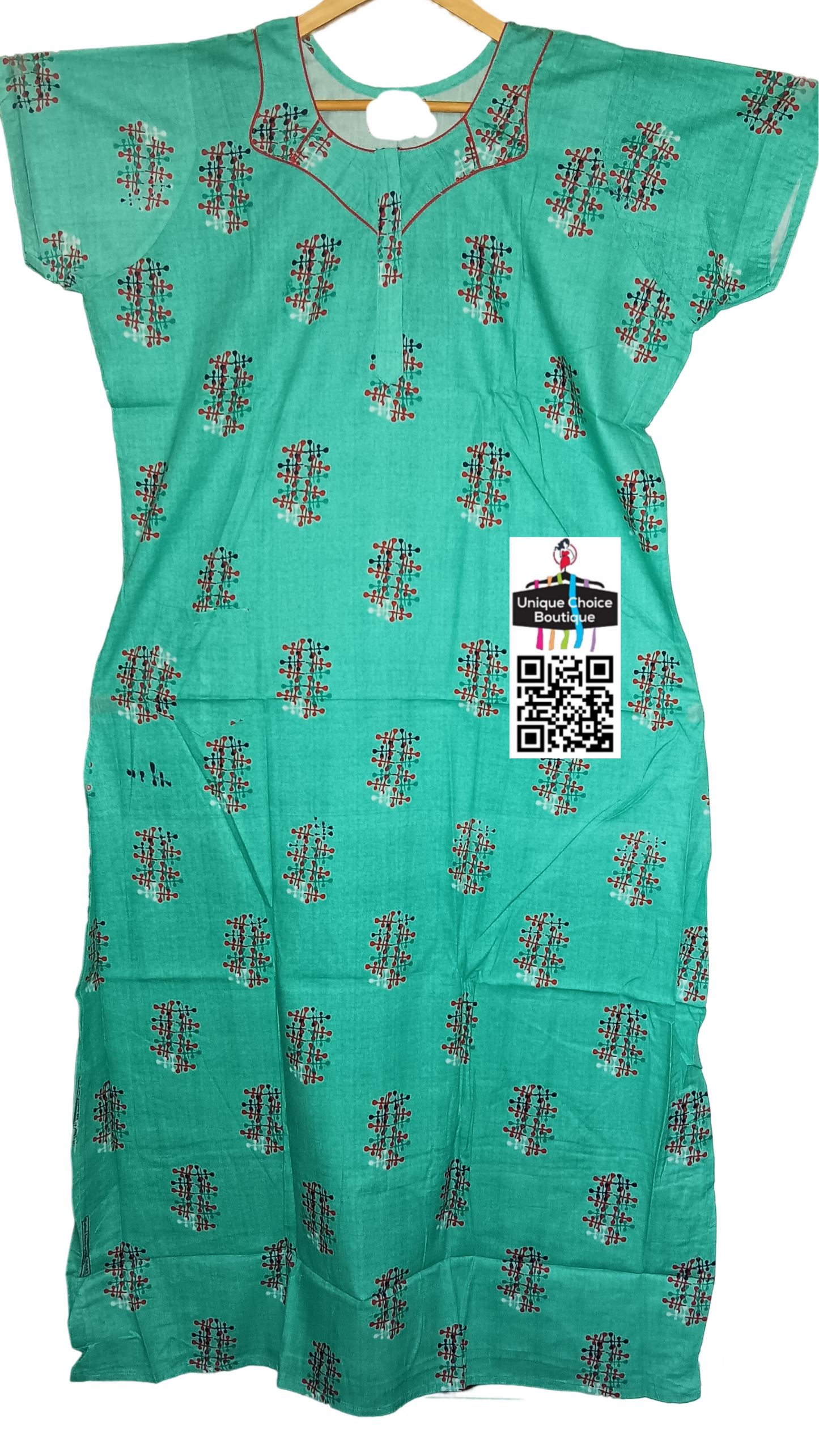 Branded Turquoise Blue Pure Cotton Nighty, Nightgown,Premium Quality, Piping Neck, Zip Nighty