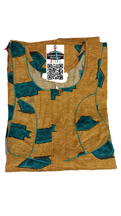 Pure Cotton Nighty, Golden Brown With Teal Blue color printed