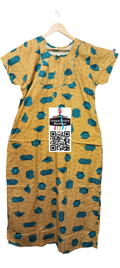 Pure Cotton Nighty, Golden Brown With Teal Blue color printed