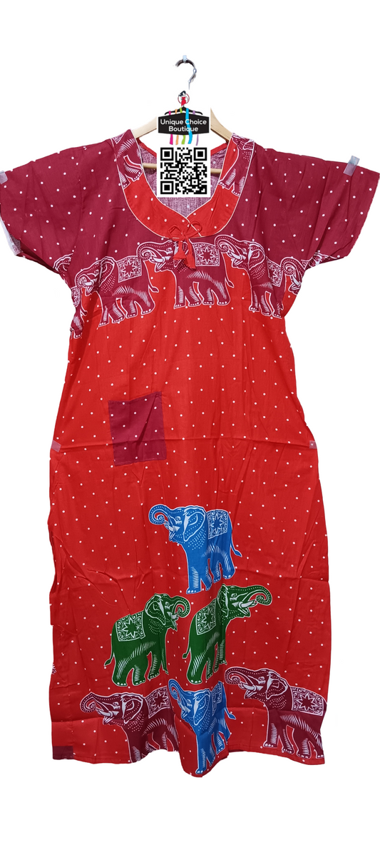 100% Cotton Nighty, Orange with Red, No Zip Type, Free Size