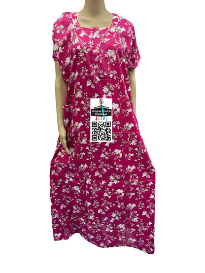 Cotton Nighty, Zip Nighty, Premium Quality-Pink Floral