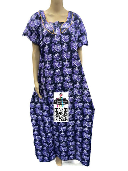 3XL Size-Plus Size-Pure Cotton Nighty, Nightgown, Zip Nighty-Violet-Floral