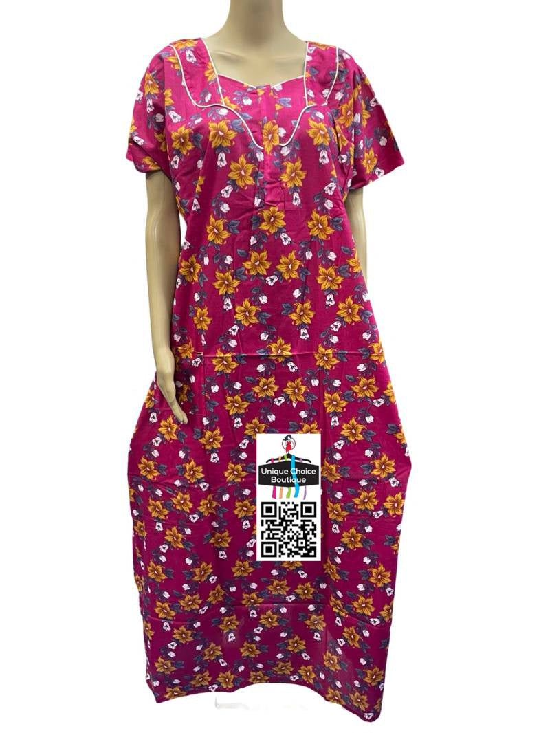 3XL Size-Plus Size-Pure Cotton Nighty, Nightgown, Zip Nighty-Pink-Floral