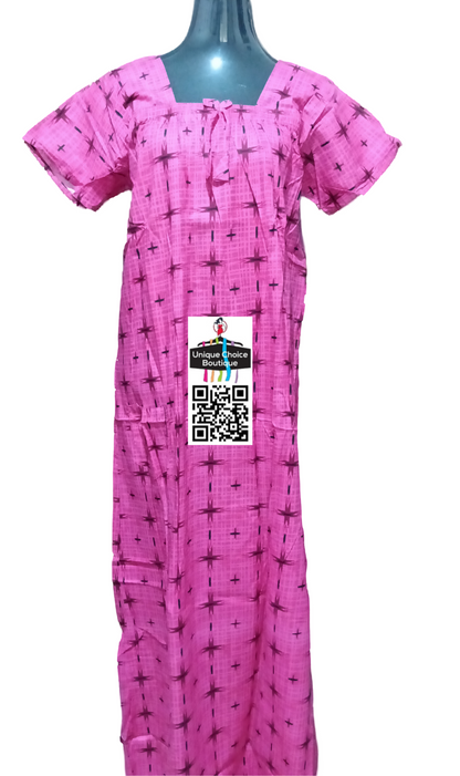 Rasathe Brand Pure Cotton Elastic Neck Nighty,Pink, Printed Nightgown, No Zip Nighty