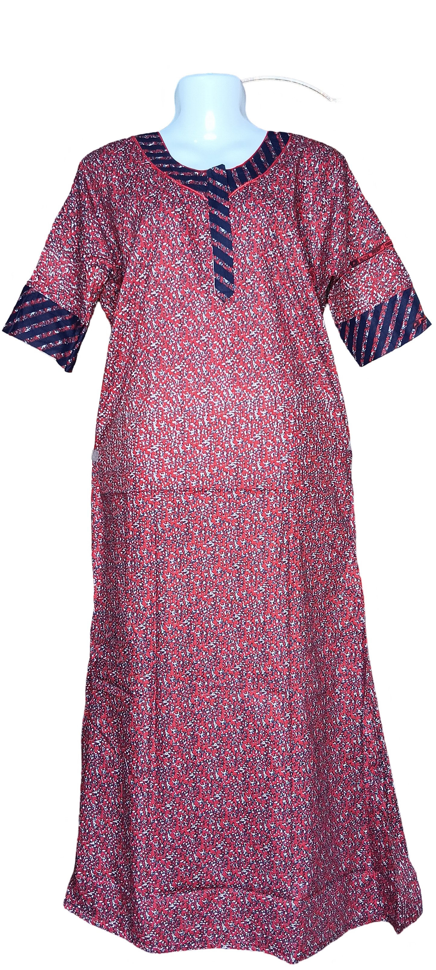 UNIQUE CHOICE 3/4 th Long Sleeves Cotton Nighty, Nightgown-Red Print-Zip Nighty