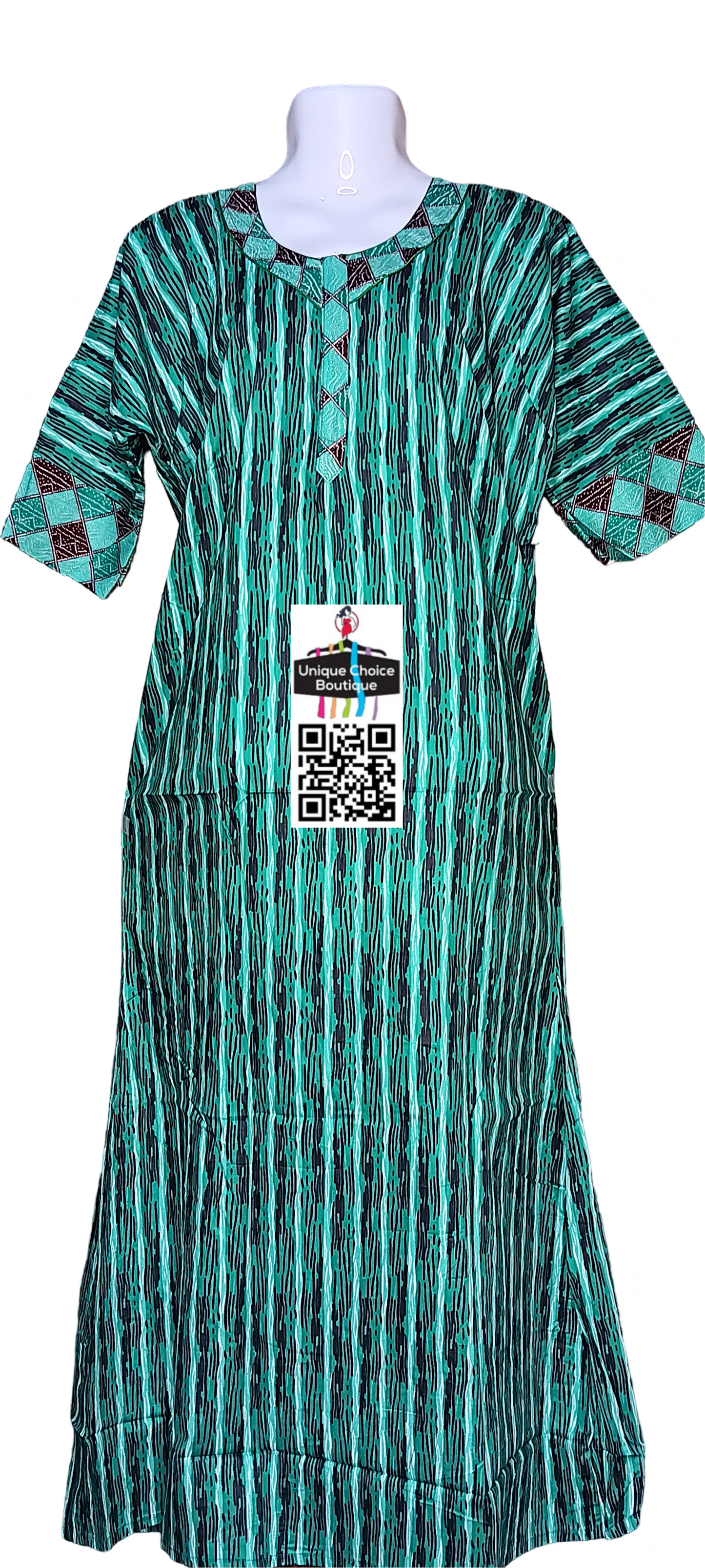 3/4th Long Sleeves Cotton Nighty, Nightgown, Zip Nighty-Teal Green Printed