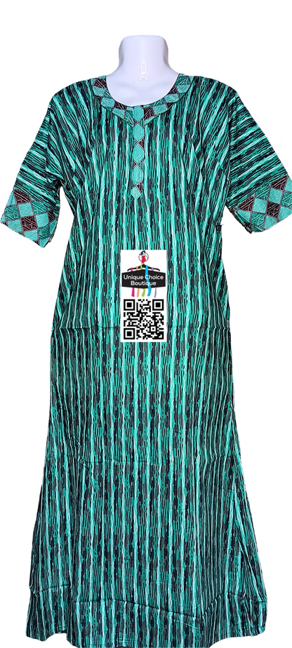 3/4th Long Sleeves Cotton Nighty, Nightgown, Zip Nighty-Teal Green Printed