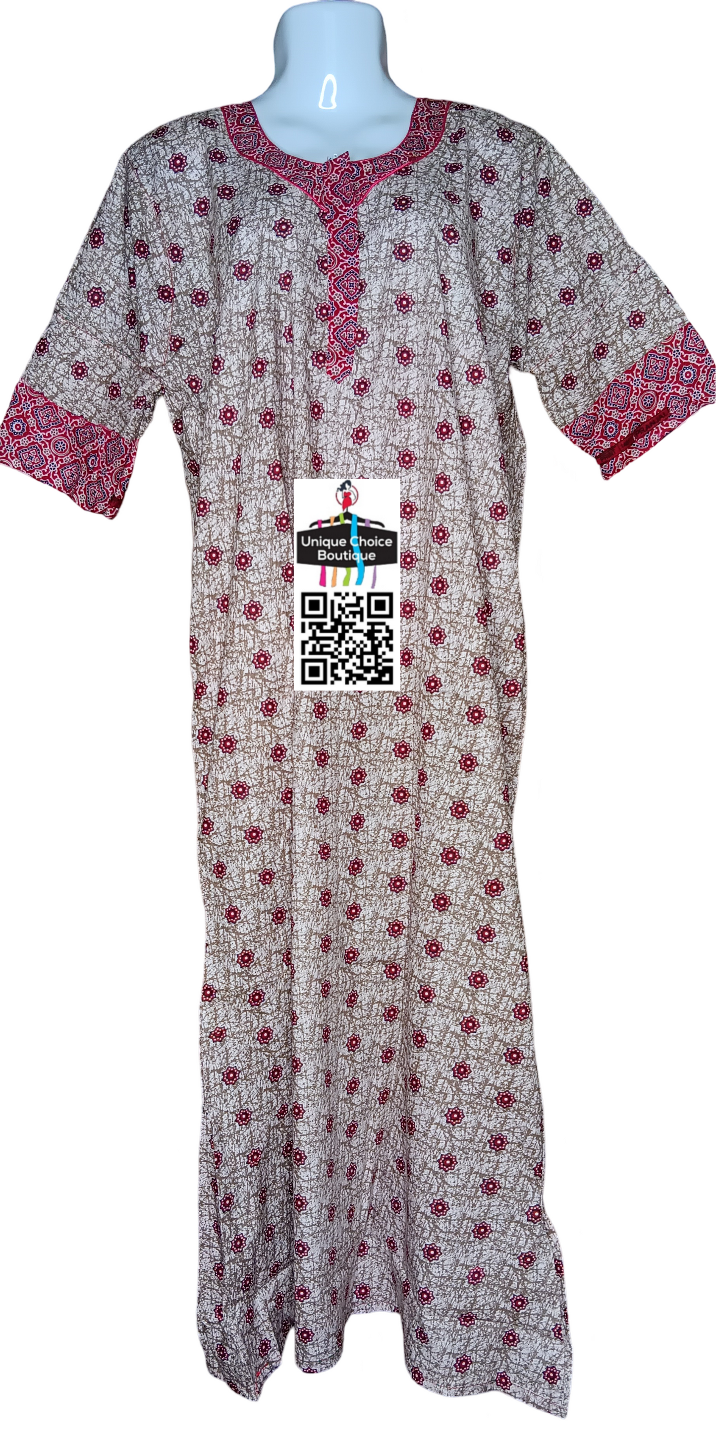 UNIQUE CHOICE 3/4 th Long Sleeves Cotton Nighty, Nightgown-White and Pink Printed-Zip Nighty