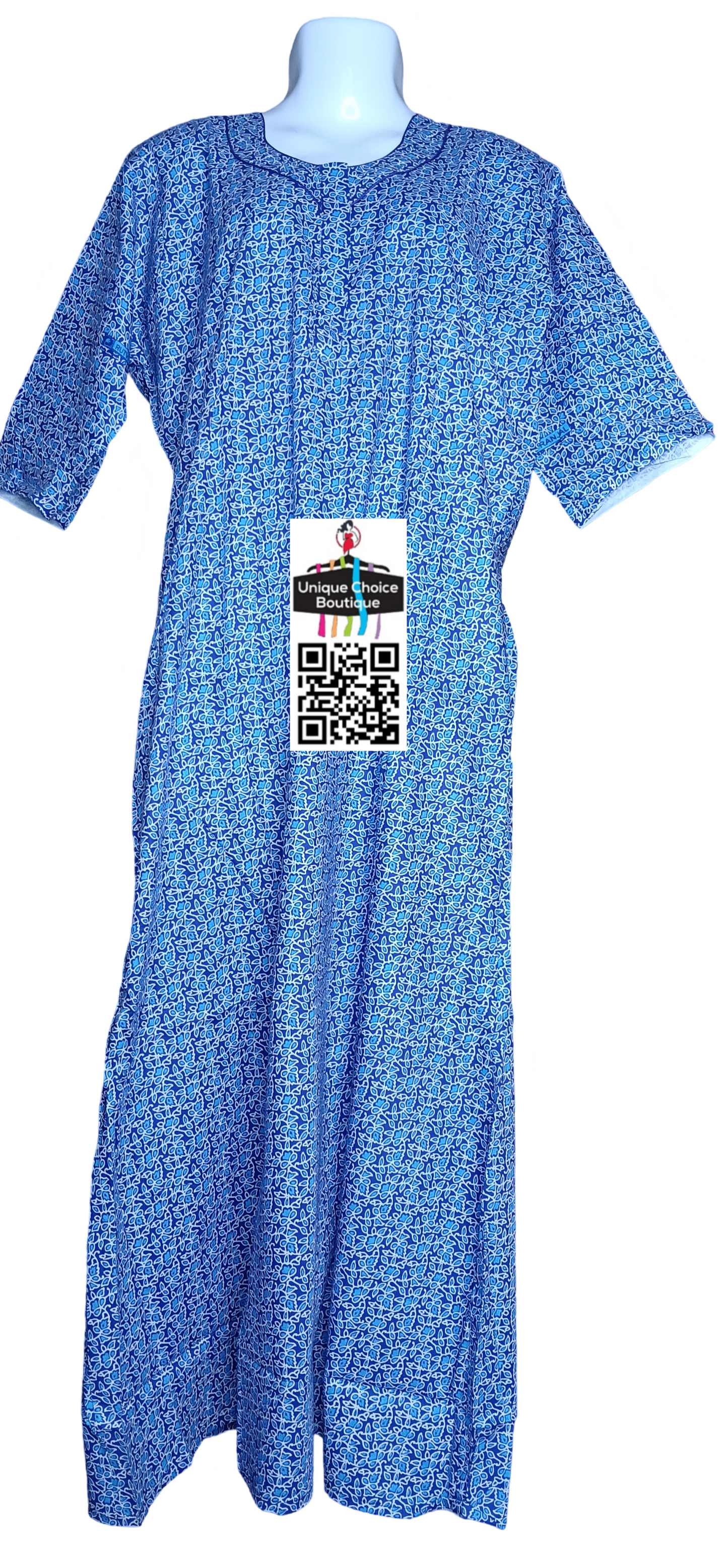 UNIQUE CHOICE 3/4 th Long Sleeves Cotton Nighty, Nightgown-Blue Floral Printed-Zip Nighty