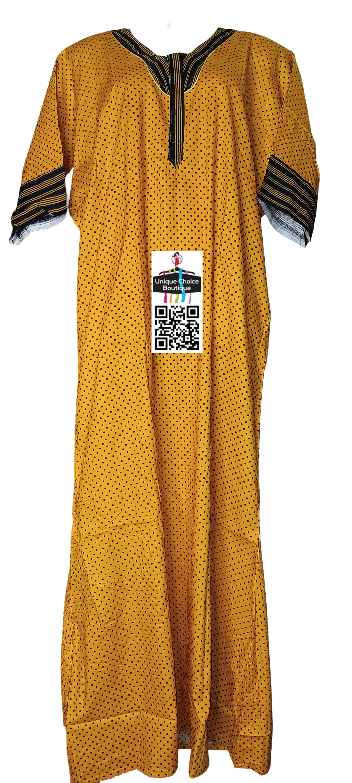 3/4th Long Sleeves Cotton Nighty, Nightgown-Yellow and Black Printed - Zip Nighty