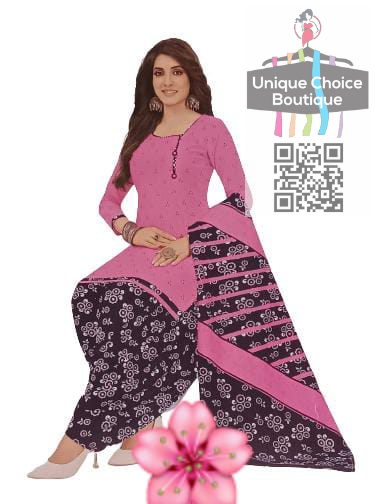 Unstitched Salwar Suit Material, Churidar Dress Material, Cotton Print, Pink Top with Blue Block floral print