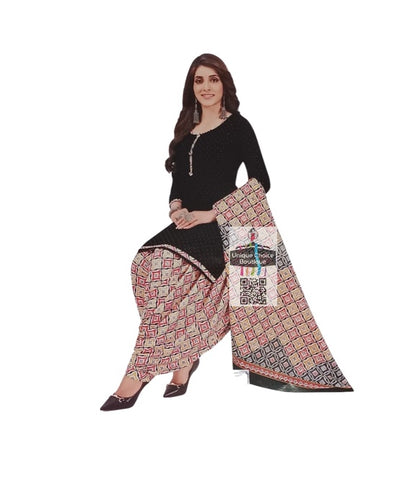 Unstitched Salwar Suit Material, Churidar Dress Material, Cotton Print, Black Top with White Block floral print