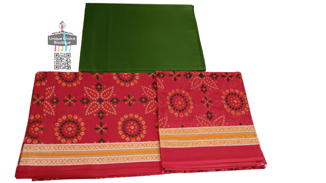 Unstitched Salwar Suit Material, Churidar Dress Material, Cotton Print-Mehndi Green Top with Red Bandhani Print