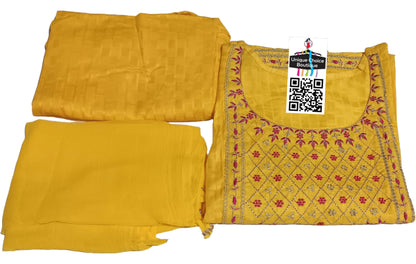 Ready-to-Wear 3pc Salwar Suit Set, Salwar Kameez with Matching Dupatta, Yellow with Pink, 4XL Size (48)