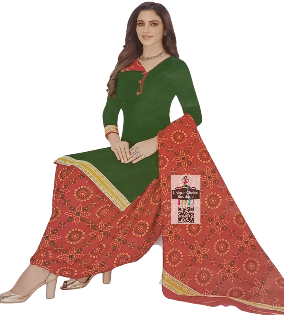 Unstitched Salwar Suit Material, Churidar Dress Material, Cotton Print-Mehndi Green Top with Red Bandhani Print