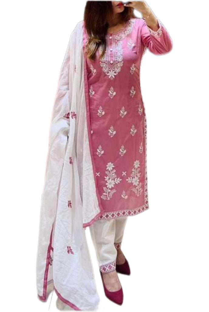 Cotton Lucknowi Chikankari 3pc Salwar Suit, Kurti Pant and Dupatta set, Pink and White, 3XL Size (46)