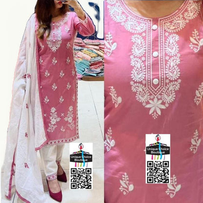 Cotton Lucknowi Chikankari 3pc Salwar Suit, Kurti Pant and Dupatta set, Pink and White, 3XL Size (46)