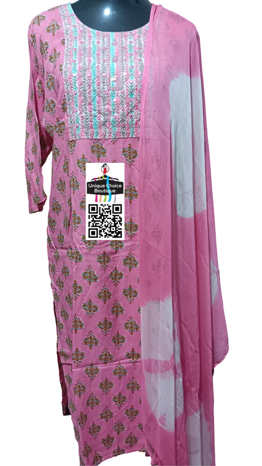 Pink Stitched 3pc salwar Suits-Salwar Kameez Suits-Kurti Pant and Dupatta set-XXL Size(44)