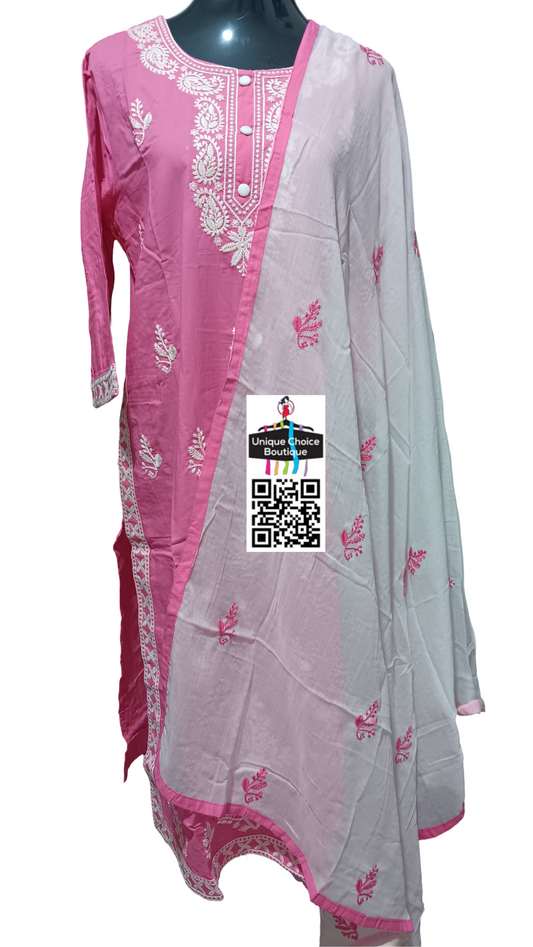 Cotton Lucknowi Chikankari 3pc Salwar Suit, Kurti Pant and Dupatta set, Pink and White