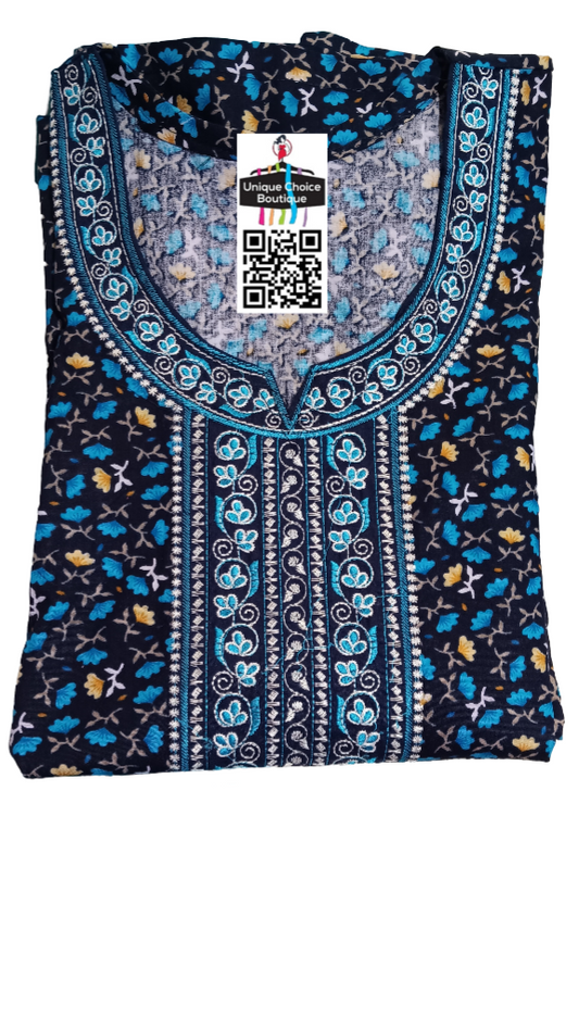 Pure Cotton Nighty with Blue Floral Embroidery, No Zip Nighty