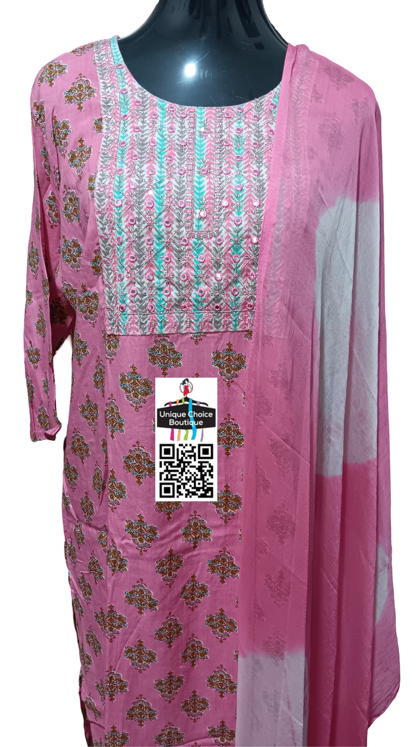 Pink Stitched 3pc salwar Suits-Salwar Kameez Suits-Kurti Pant and Dupatta set-XXL Size(44)