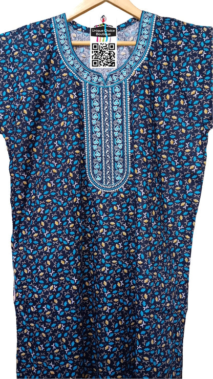 Pure Cotton Nighty with Blue Floral Embroidery, No Zip Nighty