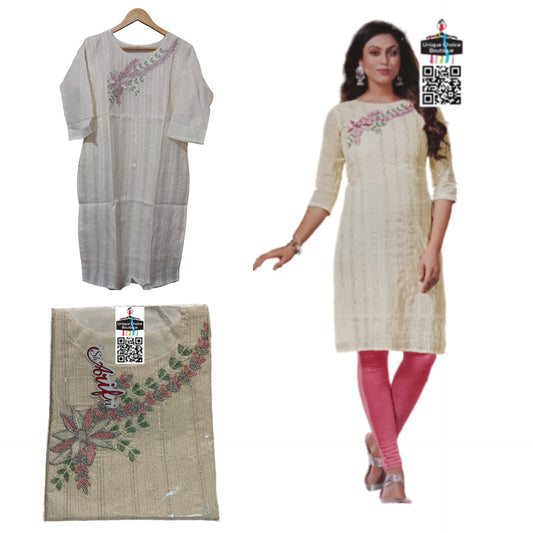 Branded Designer work Straight Kurti, White, Cotton