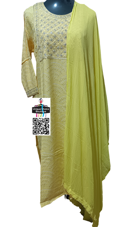 Stitched 3pc Salwar Suits for women | Salwar Kameez| Kurti Pant and Dupatta set| XXL Size(44) Yellow and White Printed