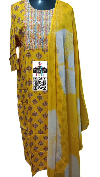 Yellow Stitched 3pc salwar Suits-Salwar Kameez Suits-Kurti Pant and Dupatta set-XXL Size(44)