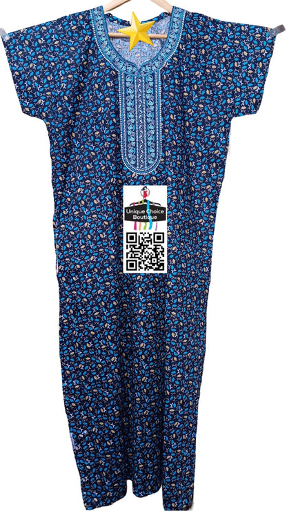 Pure Cotton Nighty with Blue Floral Embroidery, No Zip Nighty