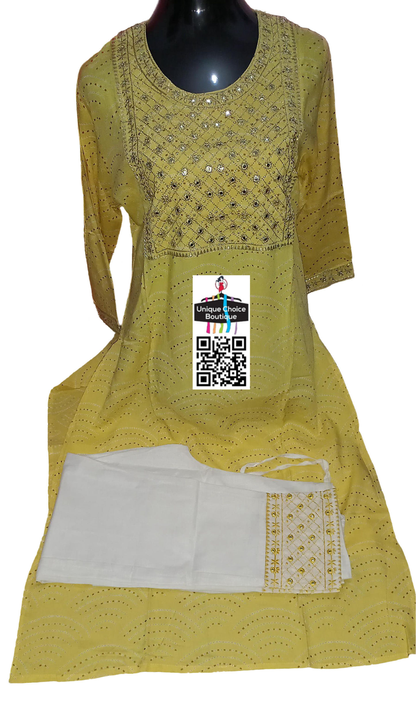 Stitched 3pc Salwar Suits for women | Salwar Kameez| Kurti Pant and Dupatta set| XXL Size(44) Yellow and White Printed