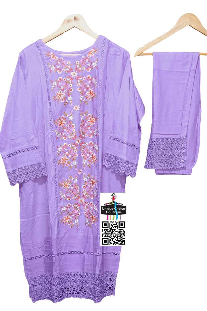 Women Co Ord Set-Embroidered and Cut work Kurti and Pant set, Purple, 2pc suit-XXL Size (44)