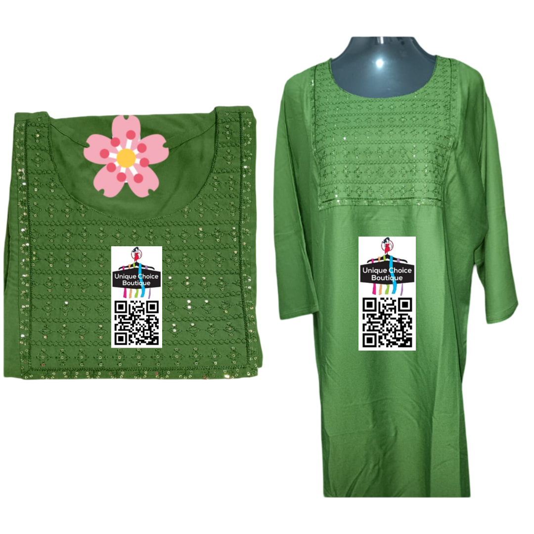 Plus size Mehandi Green Straight Kurti with Sequence work on yoke -3XL/ 4XL/5XL Sizes